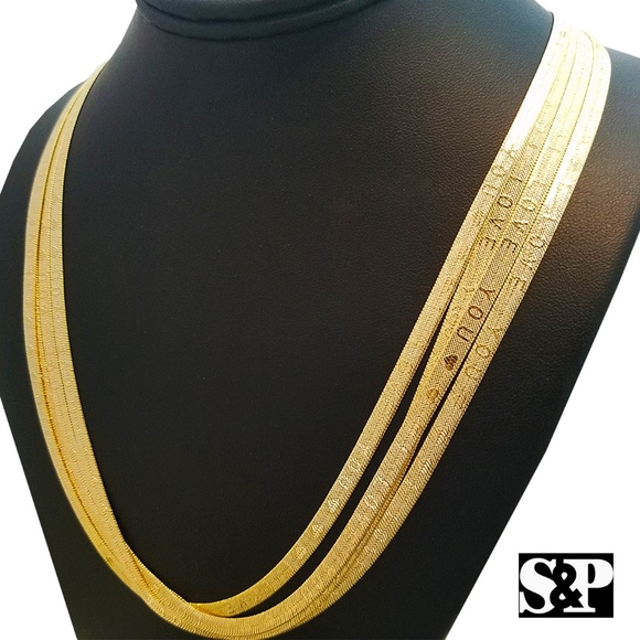GOLD PT "I LOVE YOU" ENGRAVED HERRINGBONE CHAIN - Picture 3 of 4